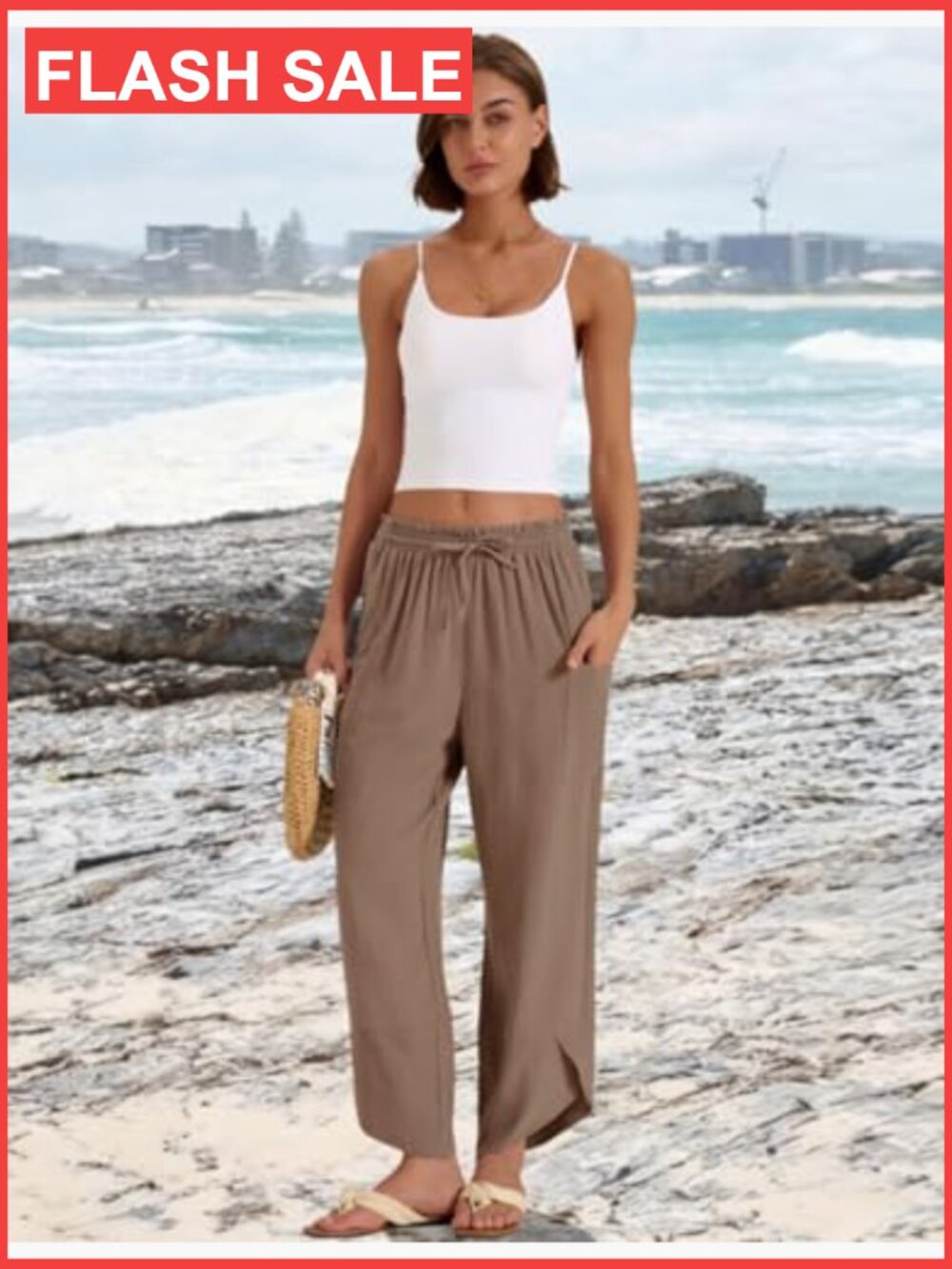 Boho Wide Leg Linen Capri Pants Women Summer Palazzo Drawstring - Picture 6 of 7